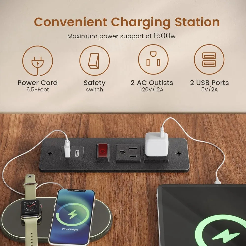 Farmhouse L Shaped Desk with 3 Drawers and Charging Station for Home Office
