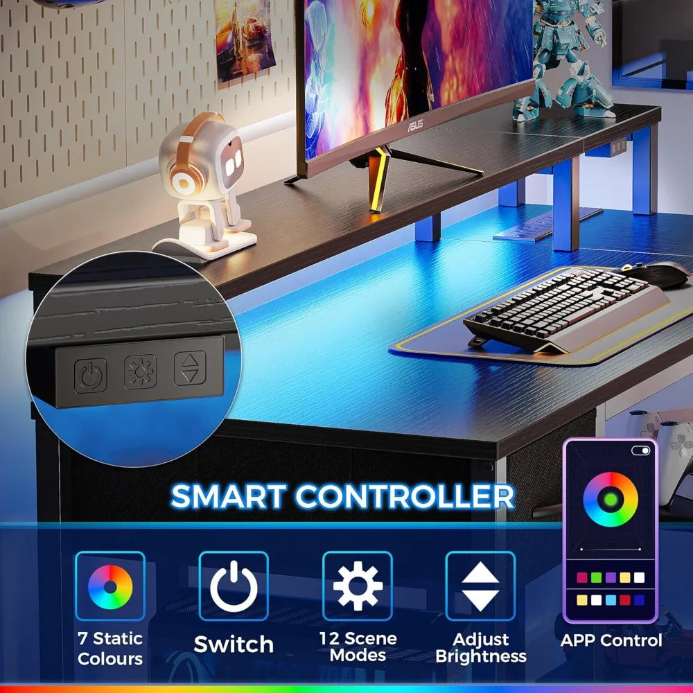 L Shaped Desk with LED Lights Power Outlets Monitor Stand Gaming Desk