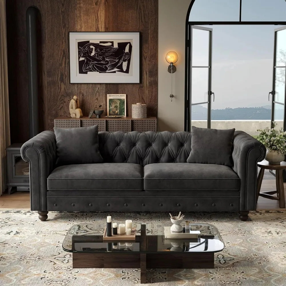82" Chesterfield Velvet Sofa Couch Tufted Rolled Arms Deep Seat for Living Room