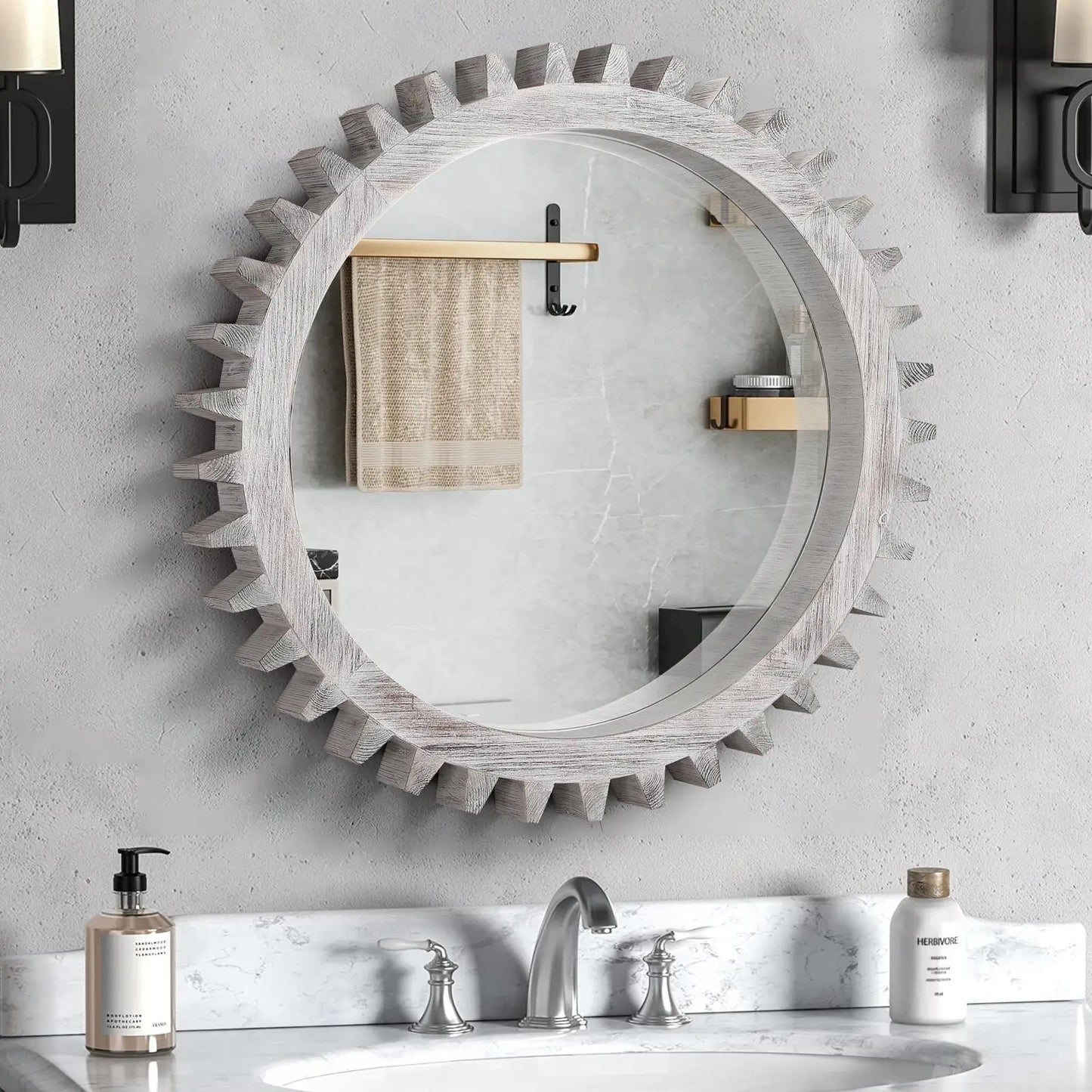 Modern Hanging Mirror Round Decorative Gear Shape for Entryway Bath