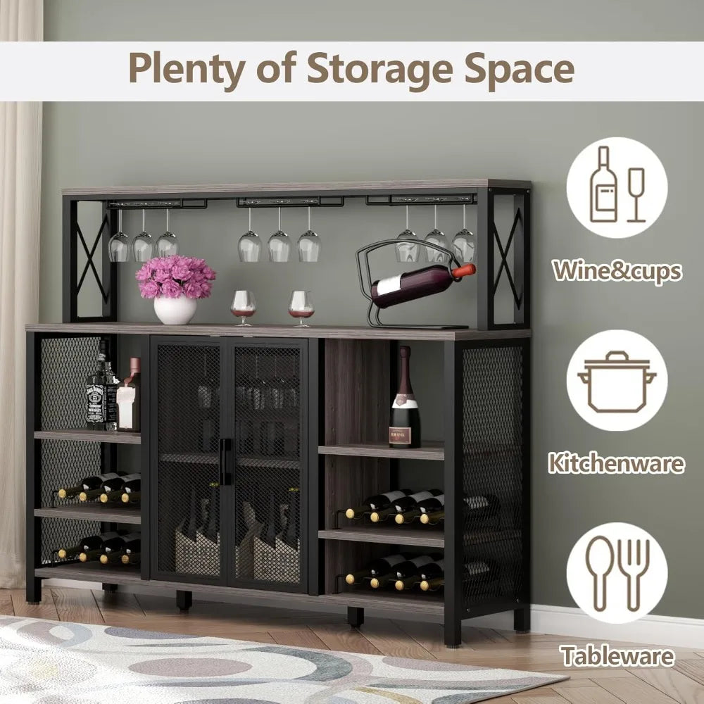 Bar Cabinet 55 Inch Coffee Bar Cabinet with Wine Rack Glass Holder