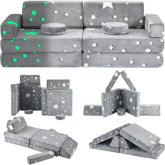 Modular Kids Play Couch 10PC Sofa Set Glow in Dark Foam Fort w/ Washable Cover