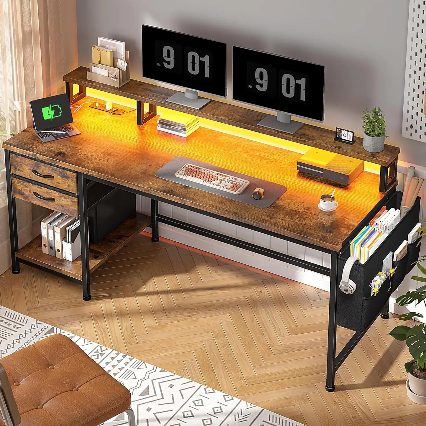 Ljustra Computer Desk with Drawers Storage Bag Power Outlets Monitor Stand