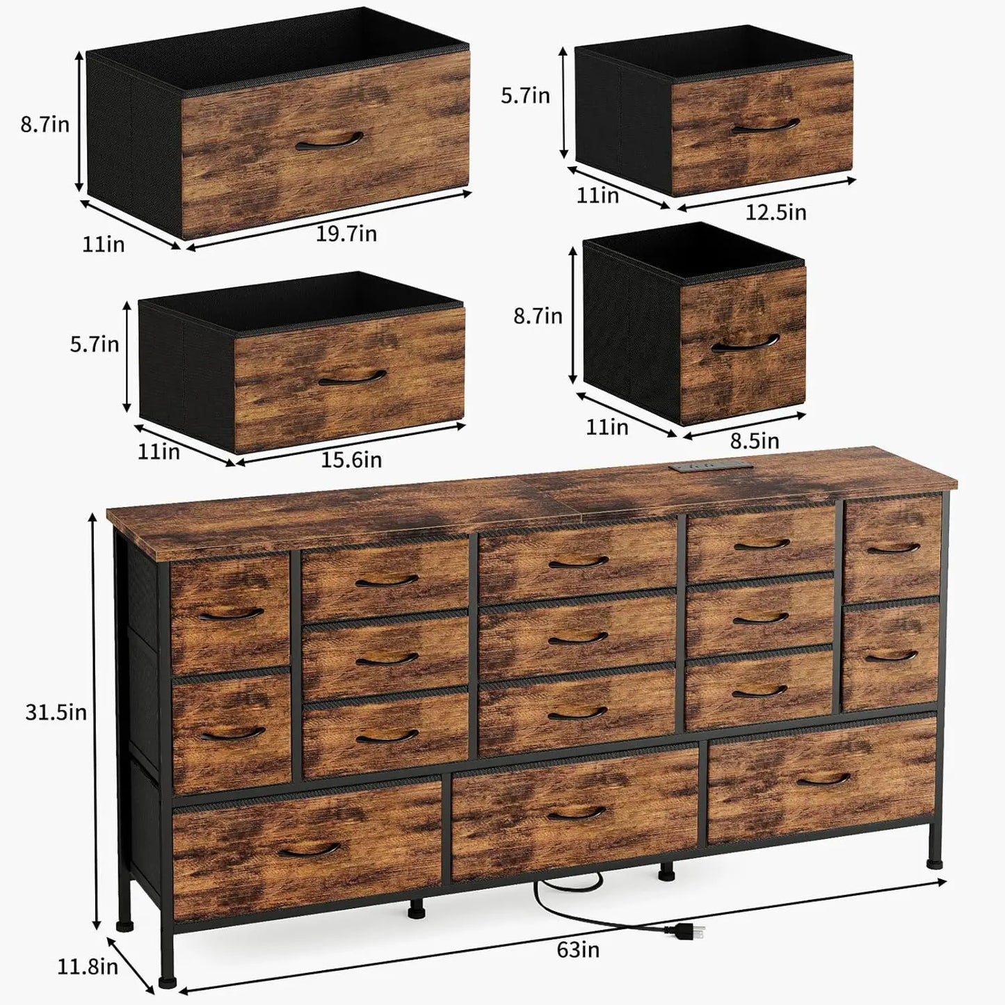 63 Inch Large TV Stand with 16 Drawers and Power Outlets for Storage