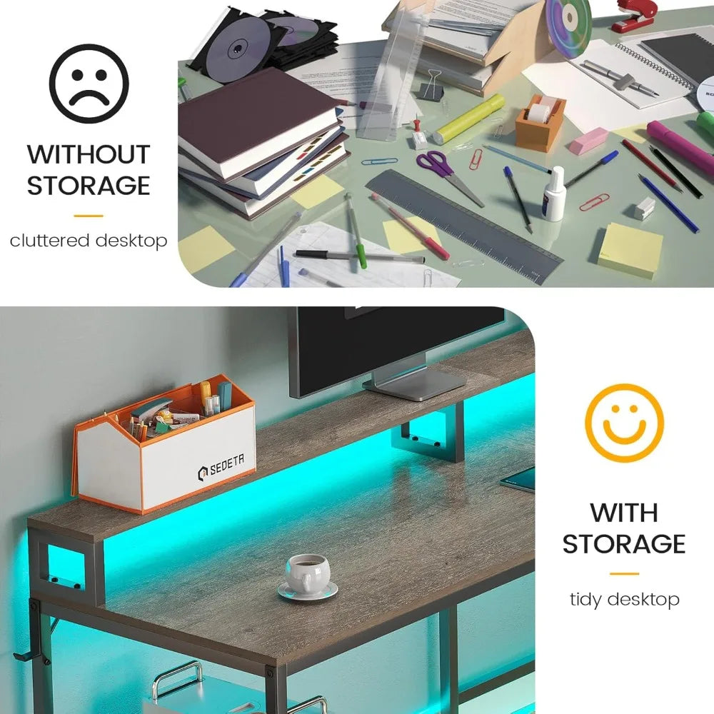 L Shaped Desk with File Drawer Power Outlet Monitor Shelf Home Office