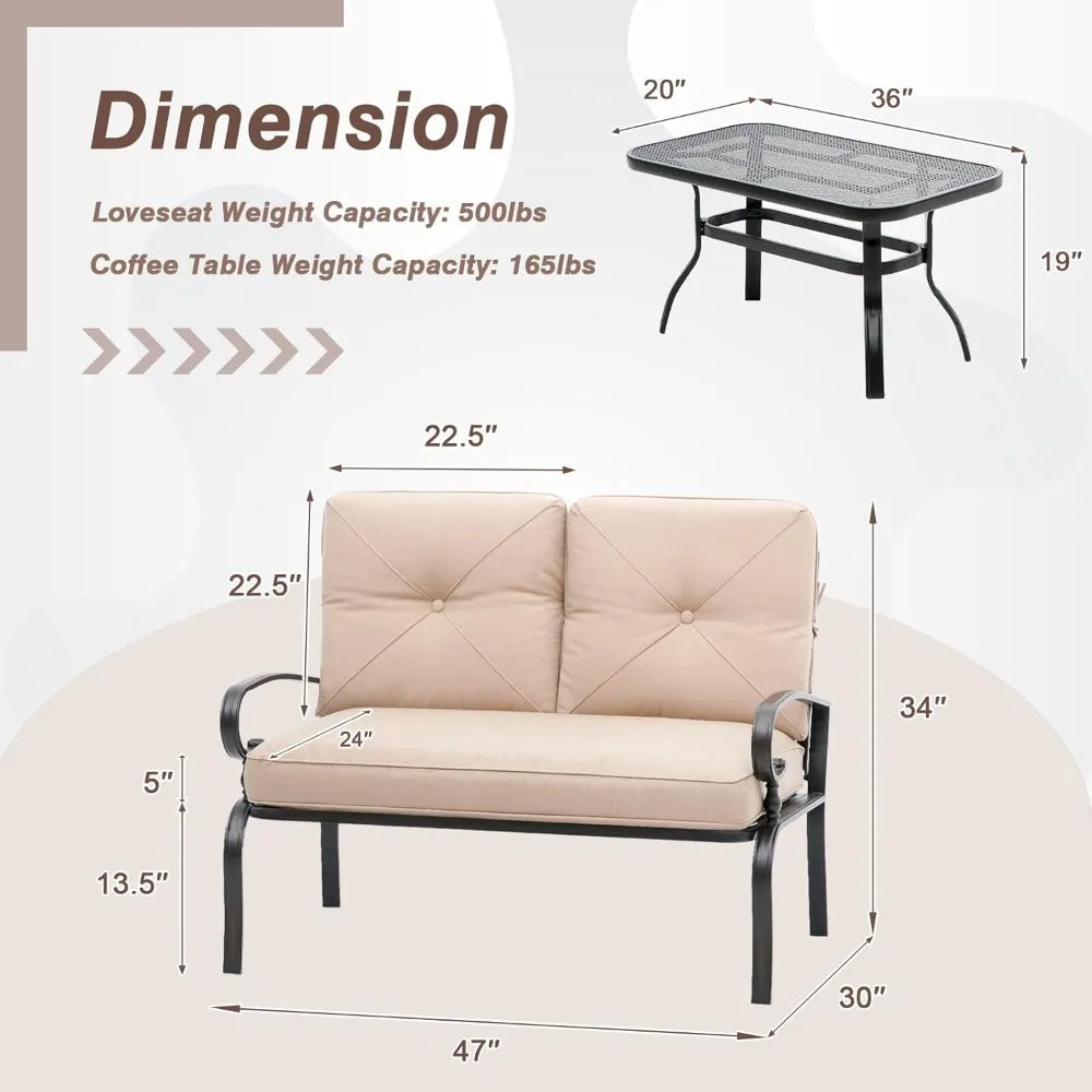 Outdoor Patio Loveseat Set with Thick Cushions and Coffee Table