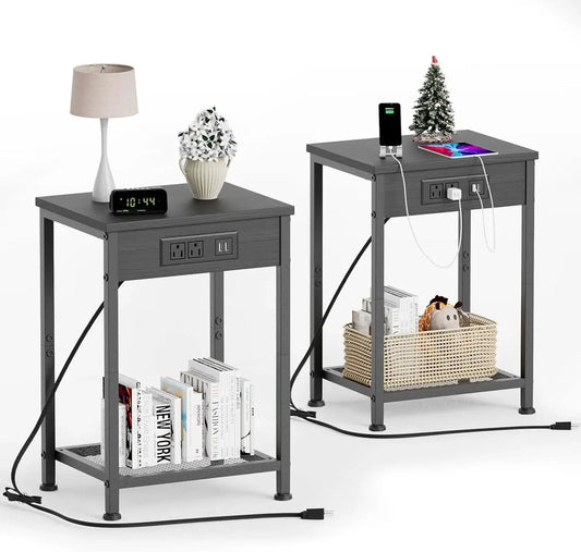 Nightstands Set of 2 with Charging Station USB Ports Bedside Table