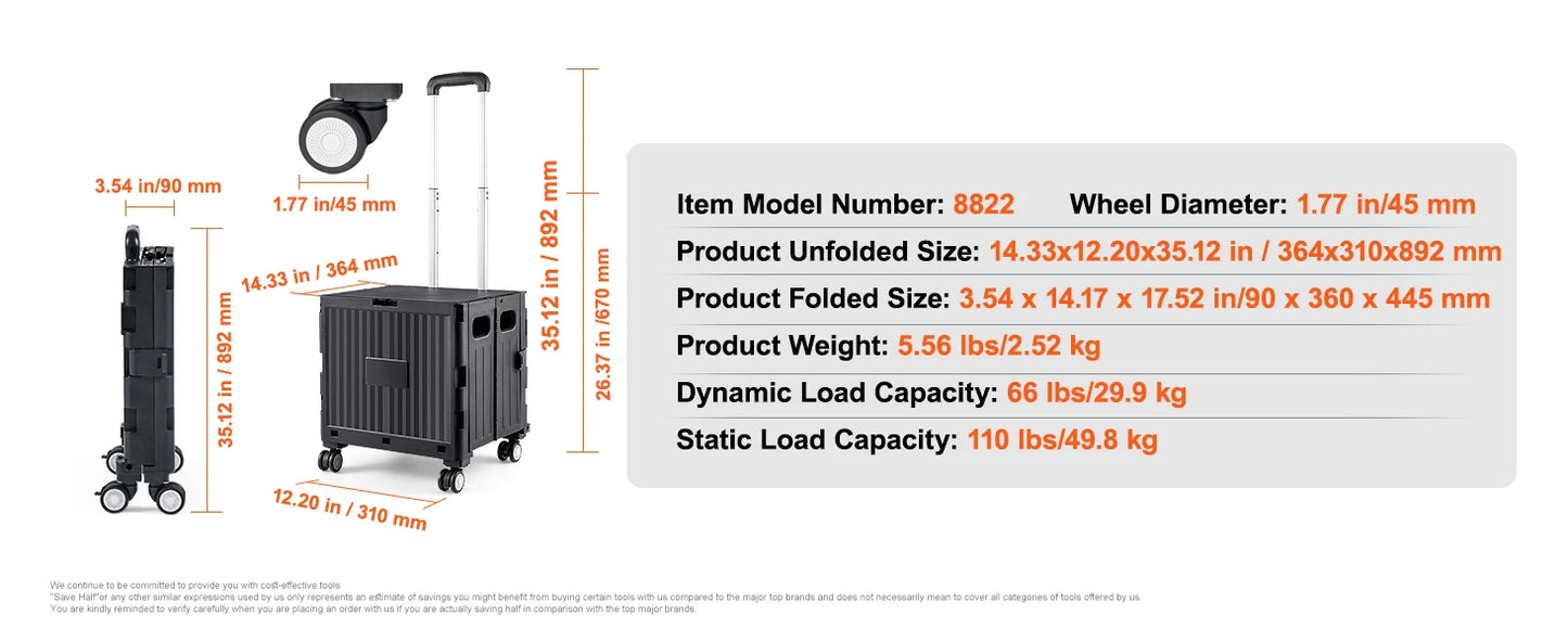 Ljustra Foldable Utility Shopping Cart Portable Handcart with Wheels