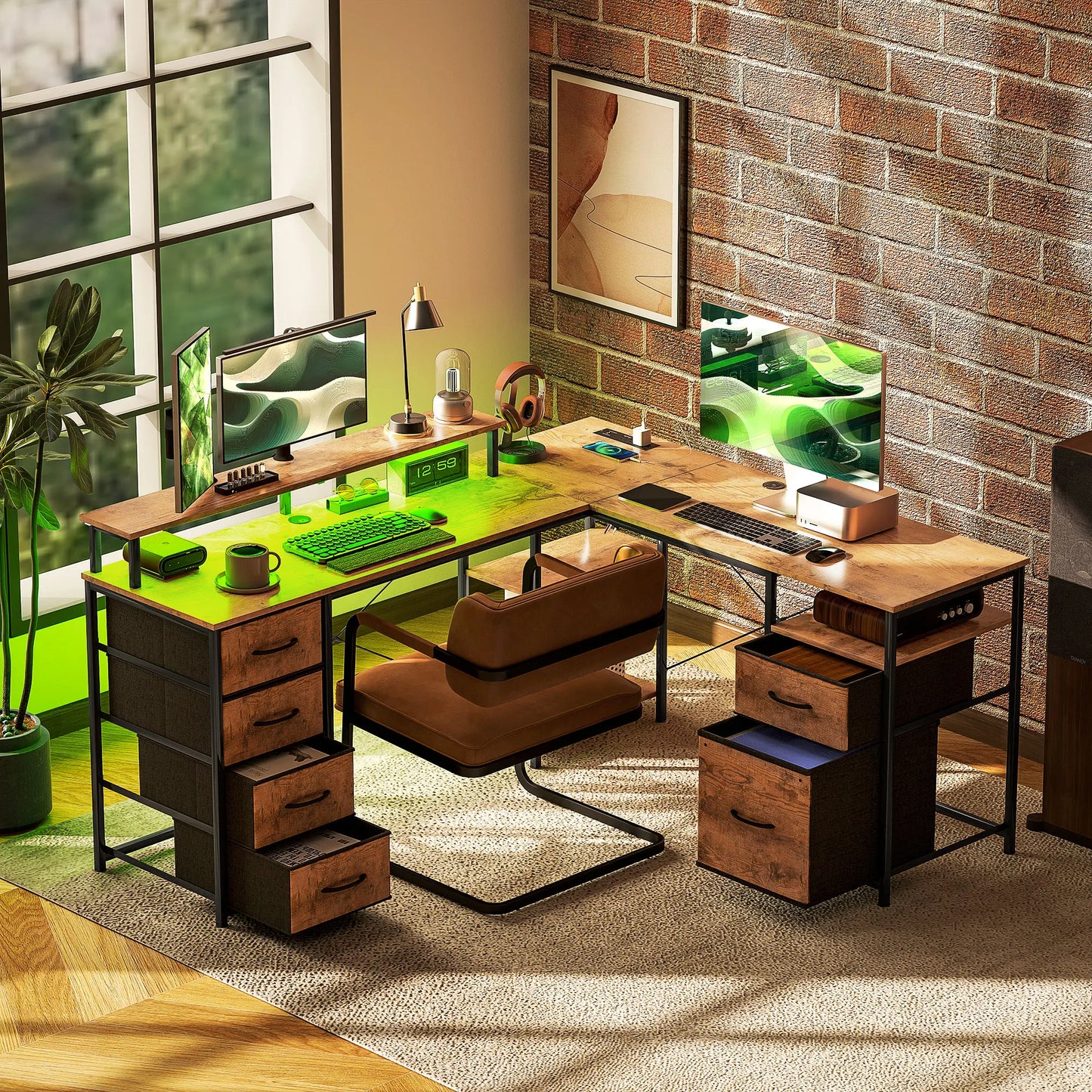 66 Inch Reversible L Shaped Computer Desk with File Drawer and USB Outlets