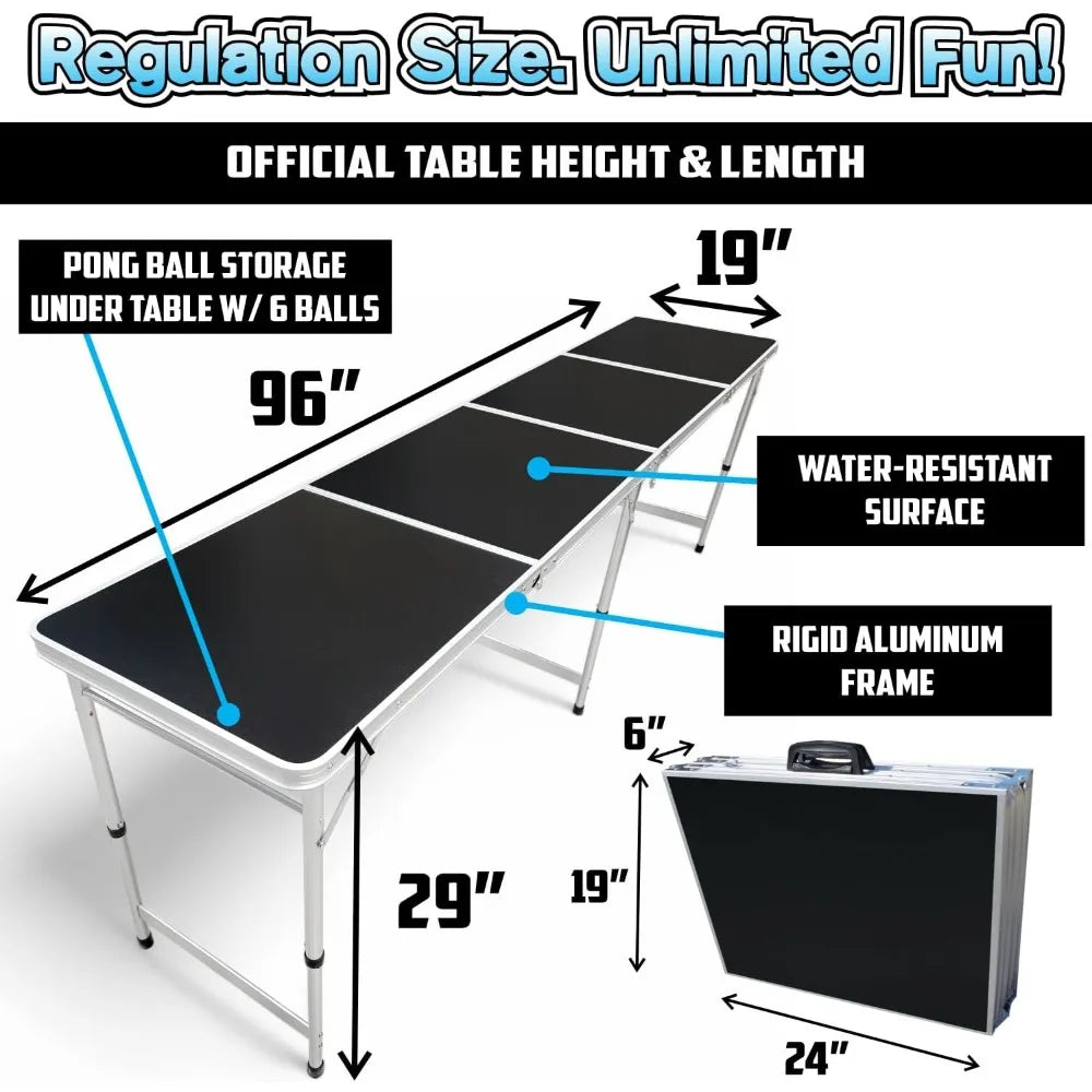 8-Foot Folding Beer Pong Table with Ball Holder LED Lights Custom Graphic