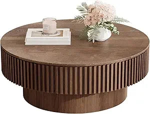Modern Round Walnut Coffee Table Solid Wood Pedestal for Small Spaces