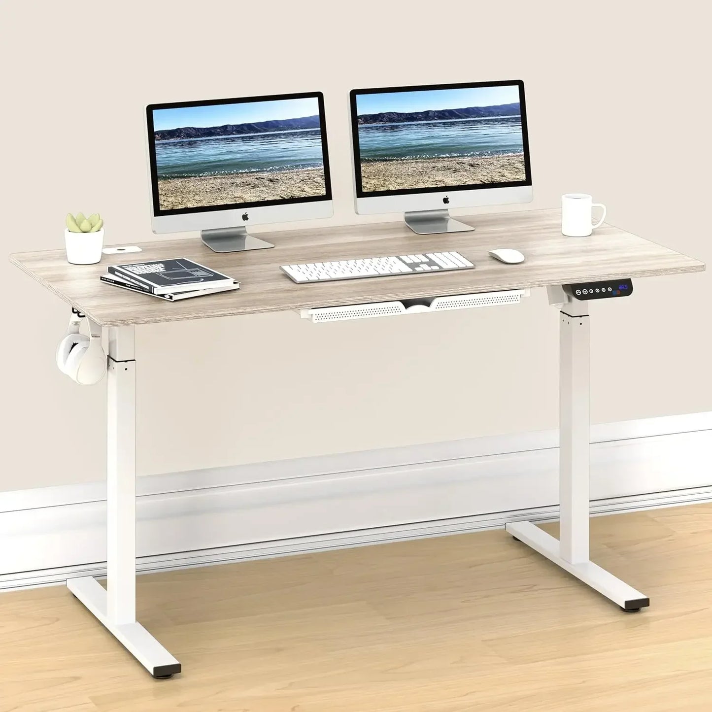 Large Electric Height Adjustable Standing Desk 55 Inch Maple Modern