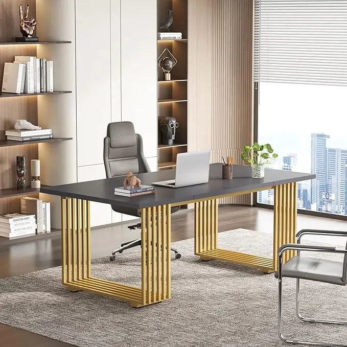 Ljustra 70.9" Modern Office Desk Wooden Computer Desk Gold Legs Workstation