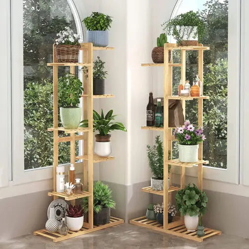 6 Tier Bamboo Plant Stand Vertical Flower Shelf Rack Indoor Outdoor