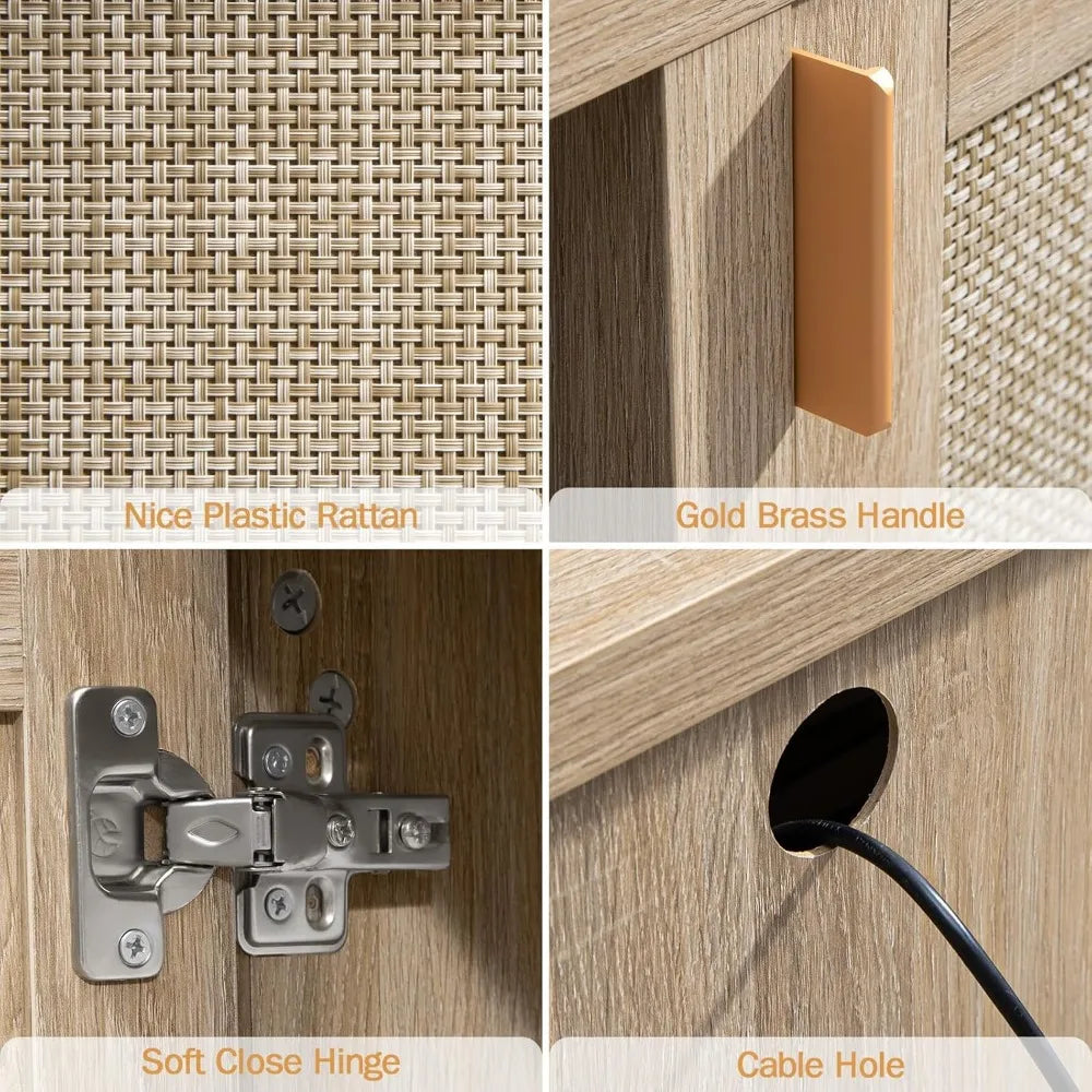 Rattan TV Stand MidCentury Modern 26" Tall Console Cabinet for Living Room