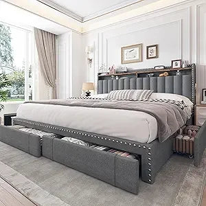 Ljustra King Size Bed Frame with 4 Storage Drawers Upholstered Support