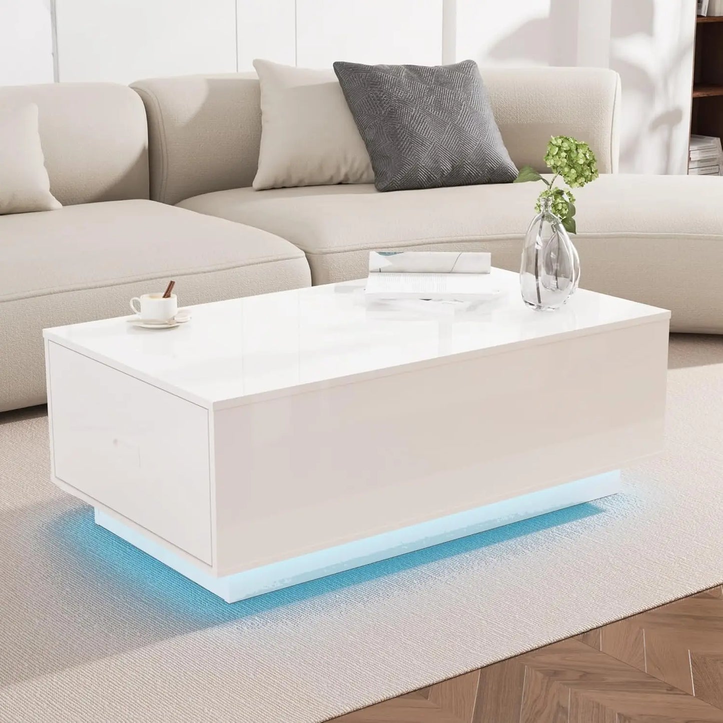 41 Inch LED Coffee Table with Drawers Modern High Gloss Living Room