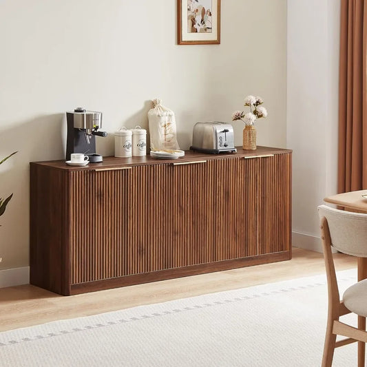 67 Inch Walnut Fluted Sideboard Buffet Cabinet with 6 Doors Storage