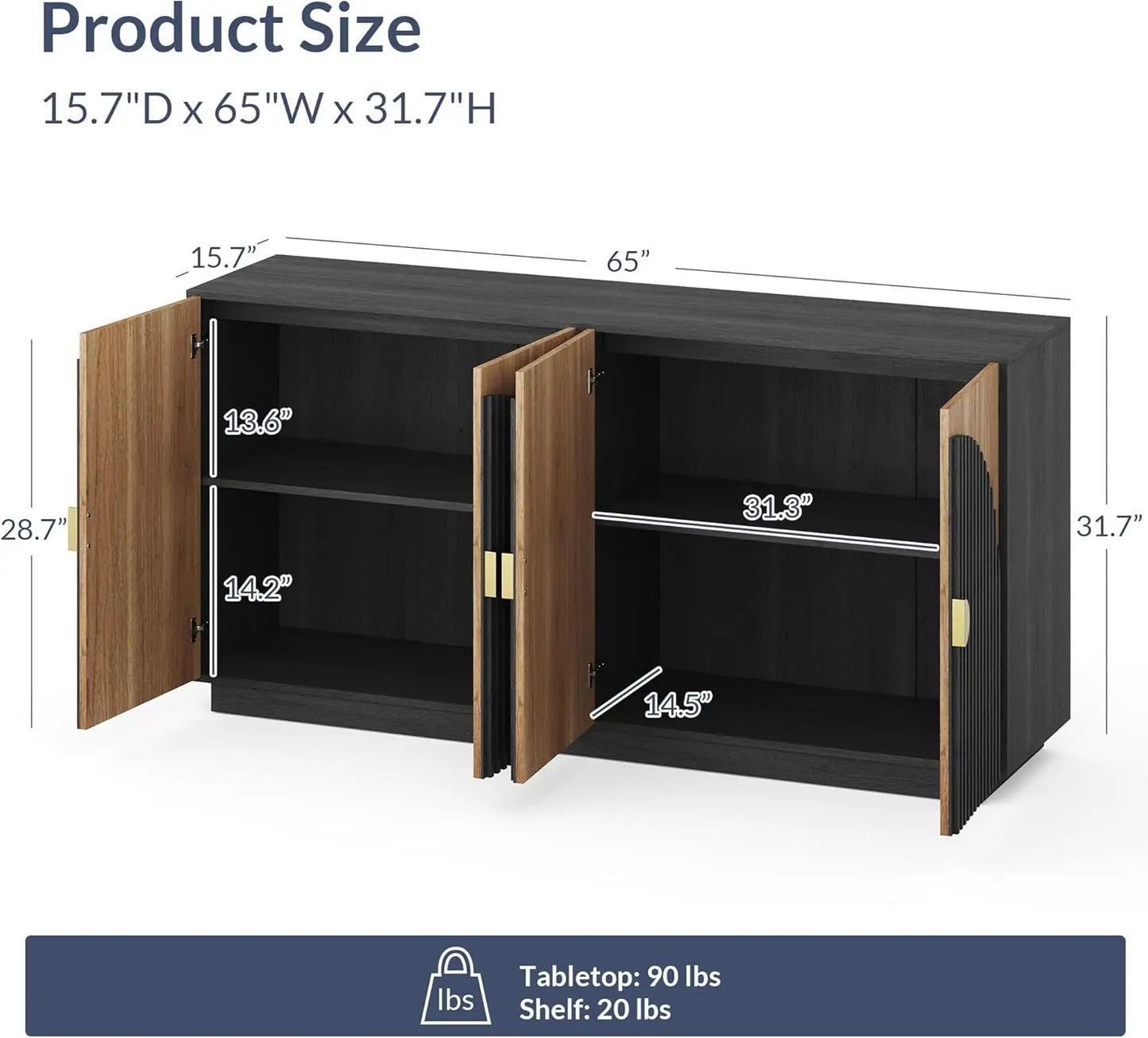 65 Inch Fluted Buffet Cabinet Storage Sideboard Console Table Dining Room