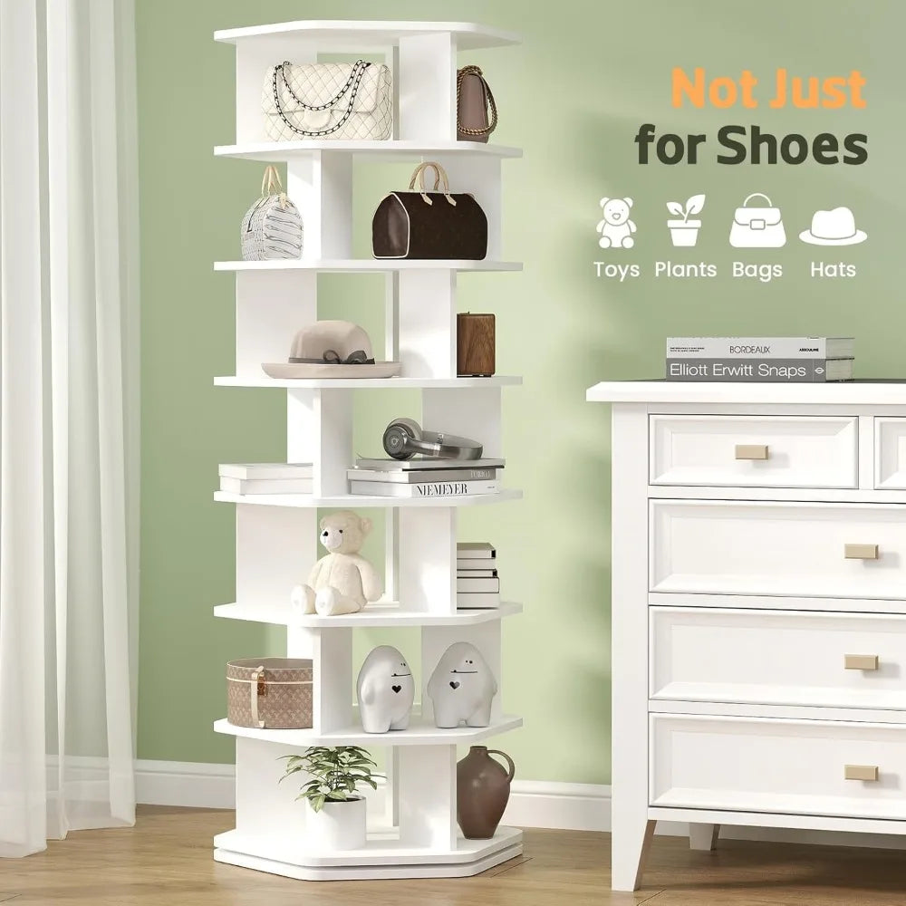 7 Tier Rotating Shoe Rack Wooden Spinning Organizer 360 Storage Tower