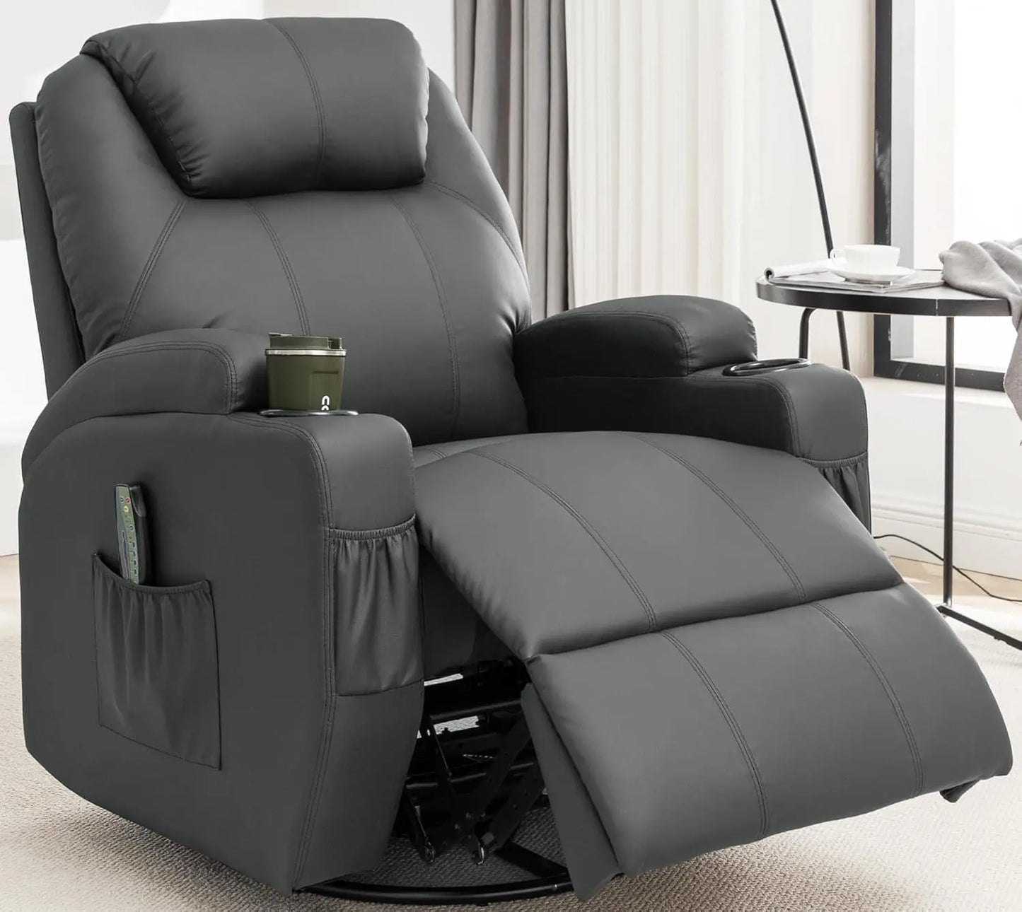 Rocker Recliner Chair with Massage and Heat 360° Swivel Cup Holder