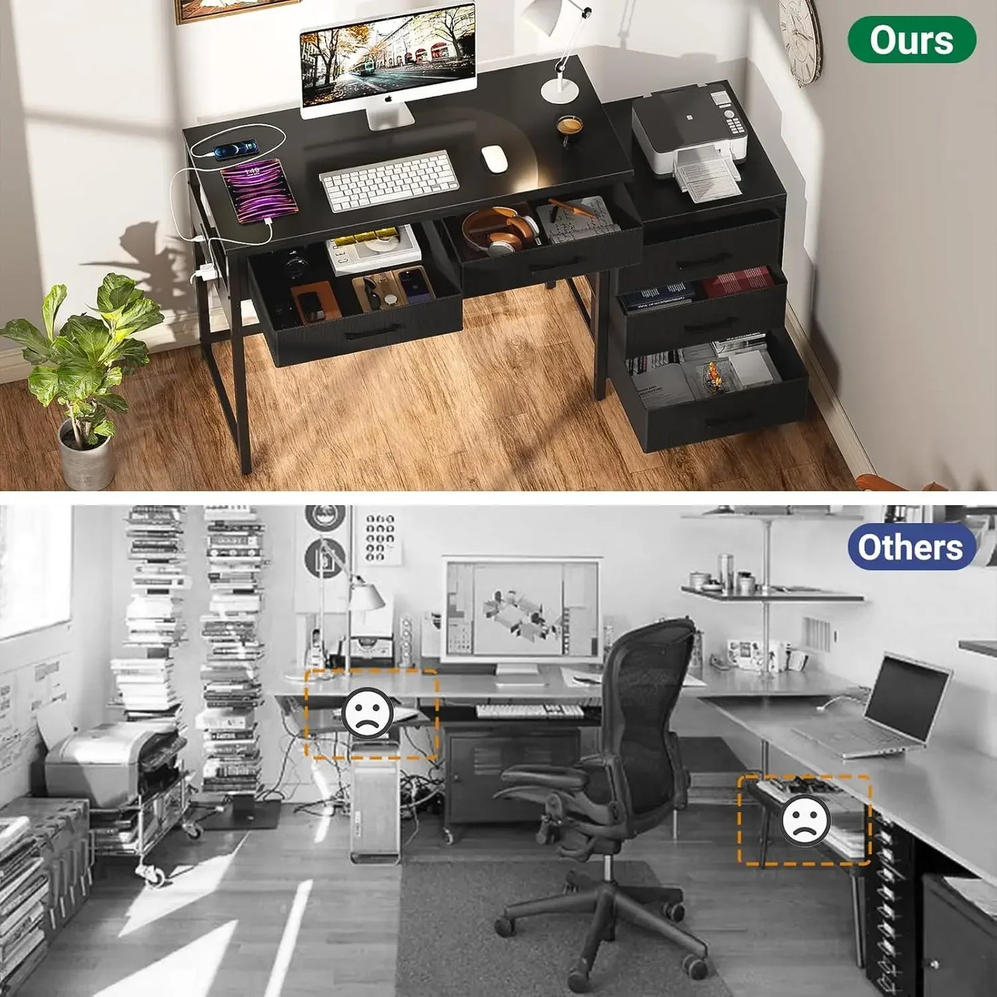 Reversible Computer Desk with 5 Drawers USB Ports Power Outlets