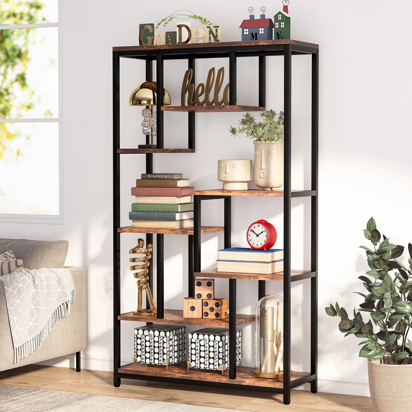 Ljustra Modern 8-Tier Staggered Bookcase Wide Wood Etagere Shelving Unit