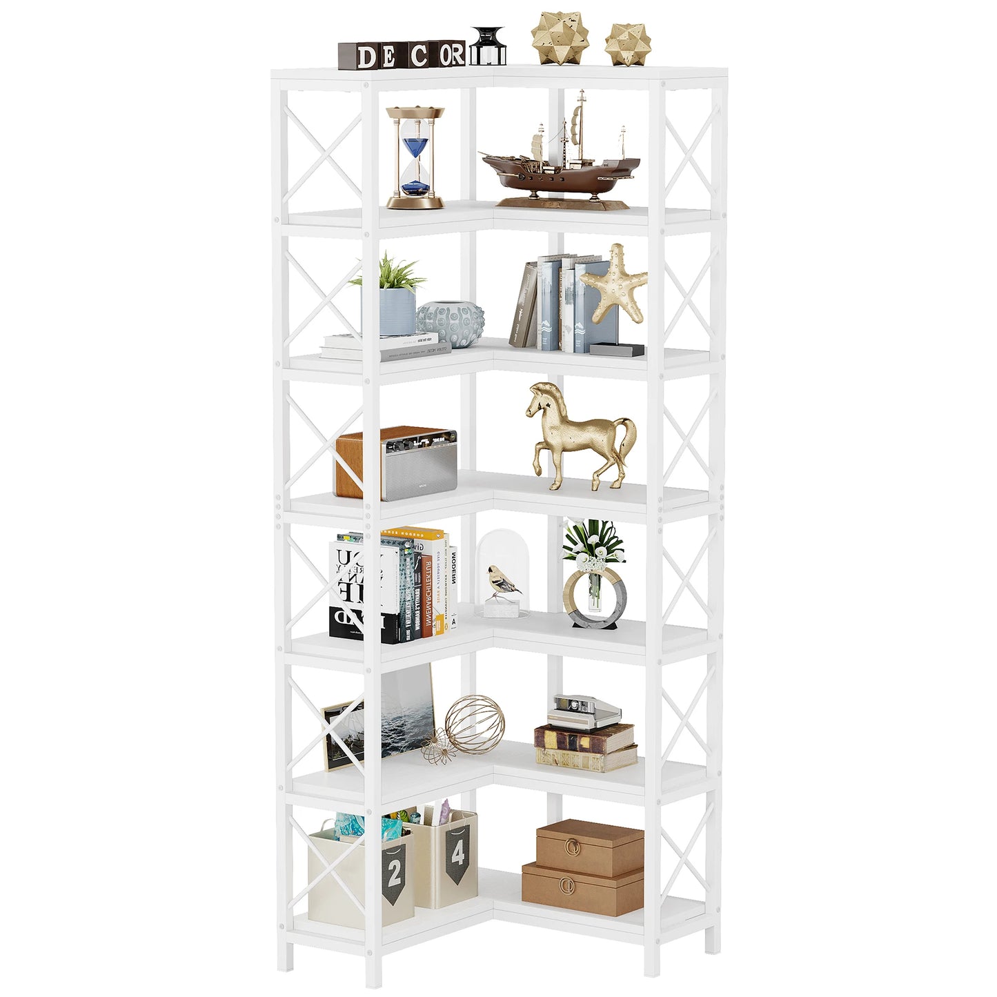 Ljustra 7-Shelf Corner Bookshelf Modern Corner Bookcase Storage Rack