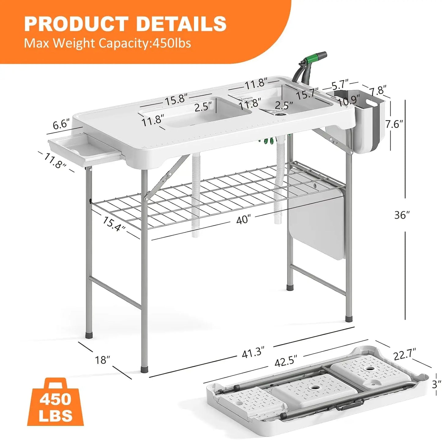 Folding Fish Cleaning Table with 2 Sinks Portable Camping Outdoor