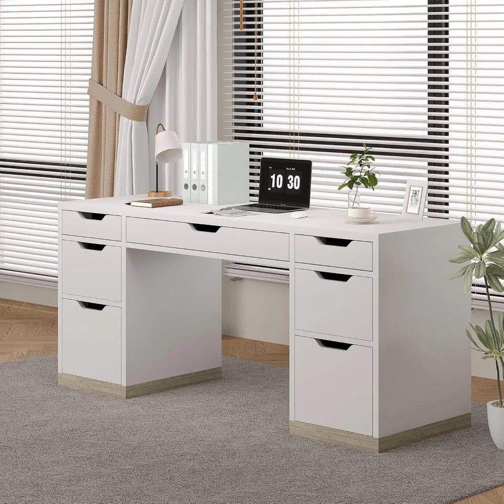 54 Inch White Desk with 7 Storage Drawers Home Office Computer Desk