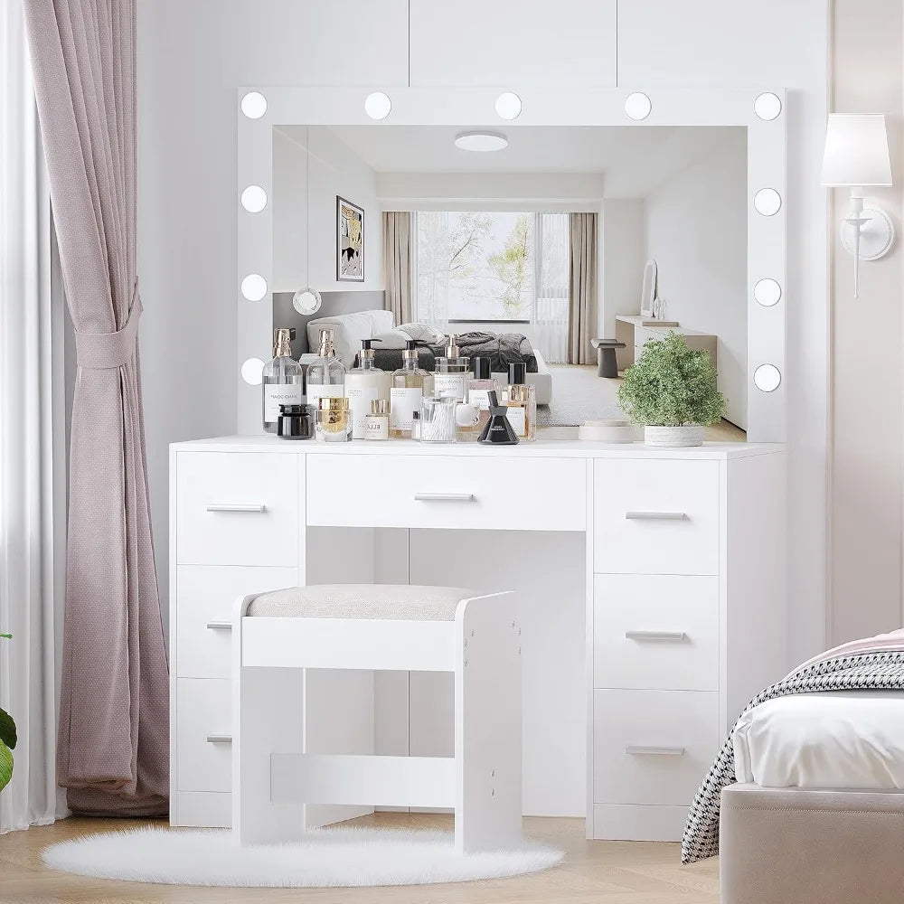 Ljustra Vanity Desk with Lighted Mirror Adjustable Brightness 7 Drawers