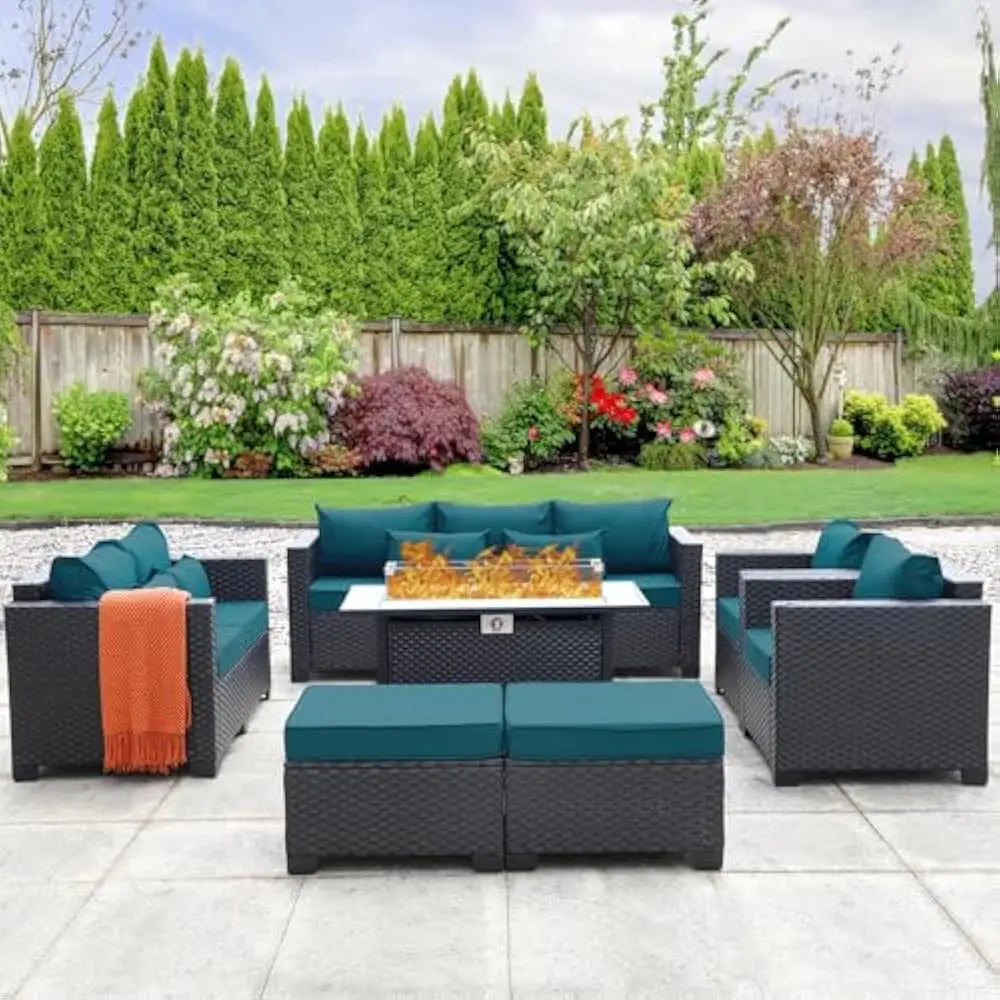 7 Piece Outdoor Furniture Set with Propane Fire Pit Table and Cushions