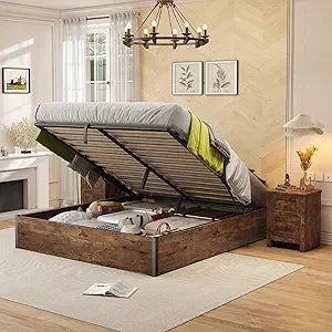 Ljustra Lift Up Storage Bed Frame Queen Wooden Platform Industrial Rustic