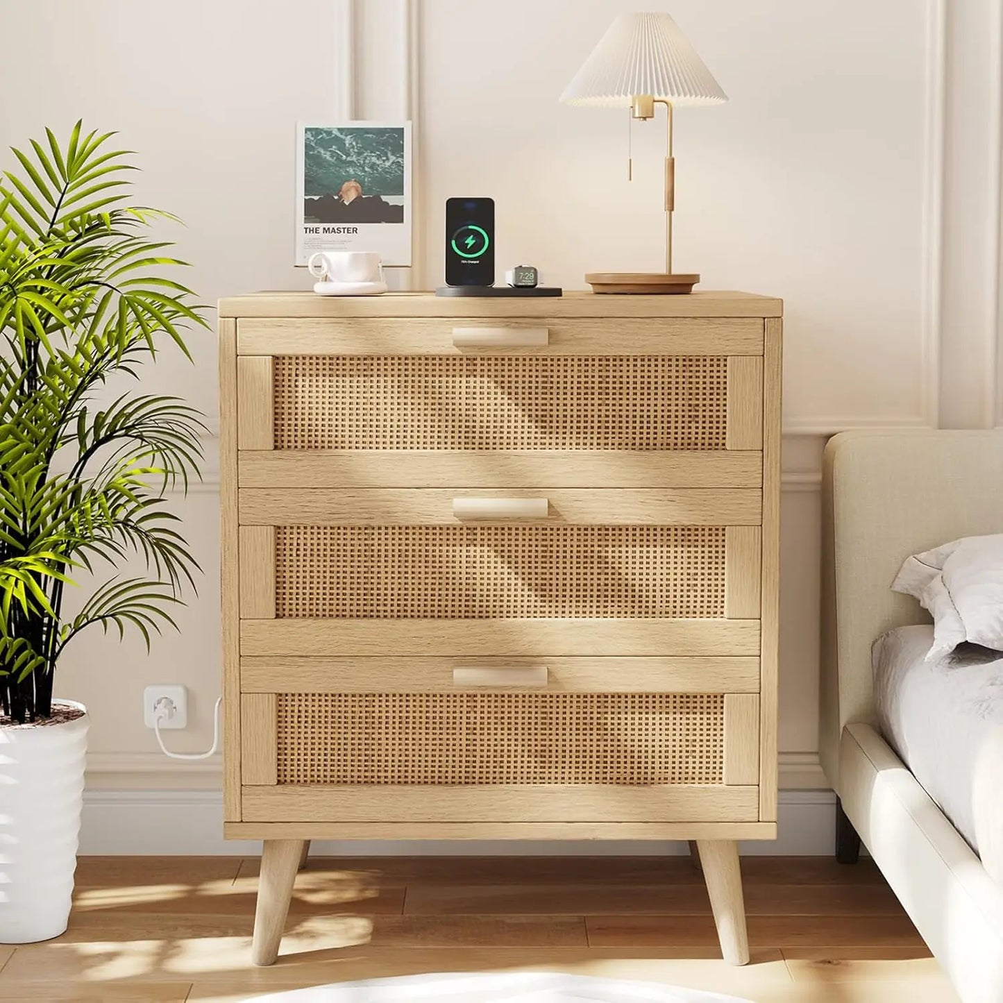 Set of 2 Rattan Nightstands with Charging Station and 6 Drawers