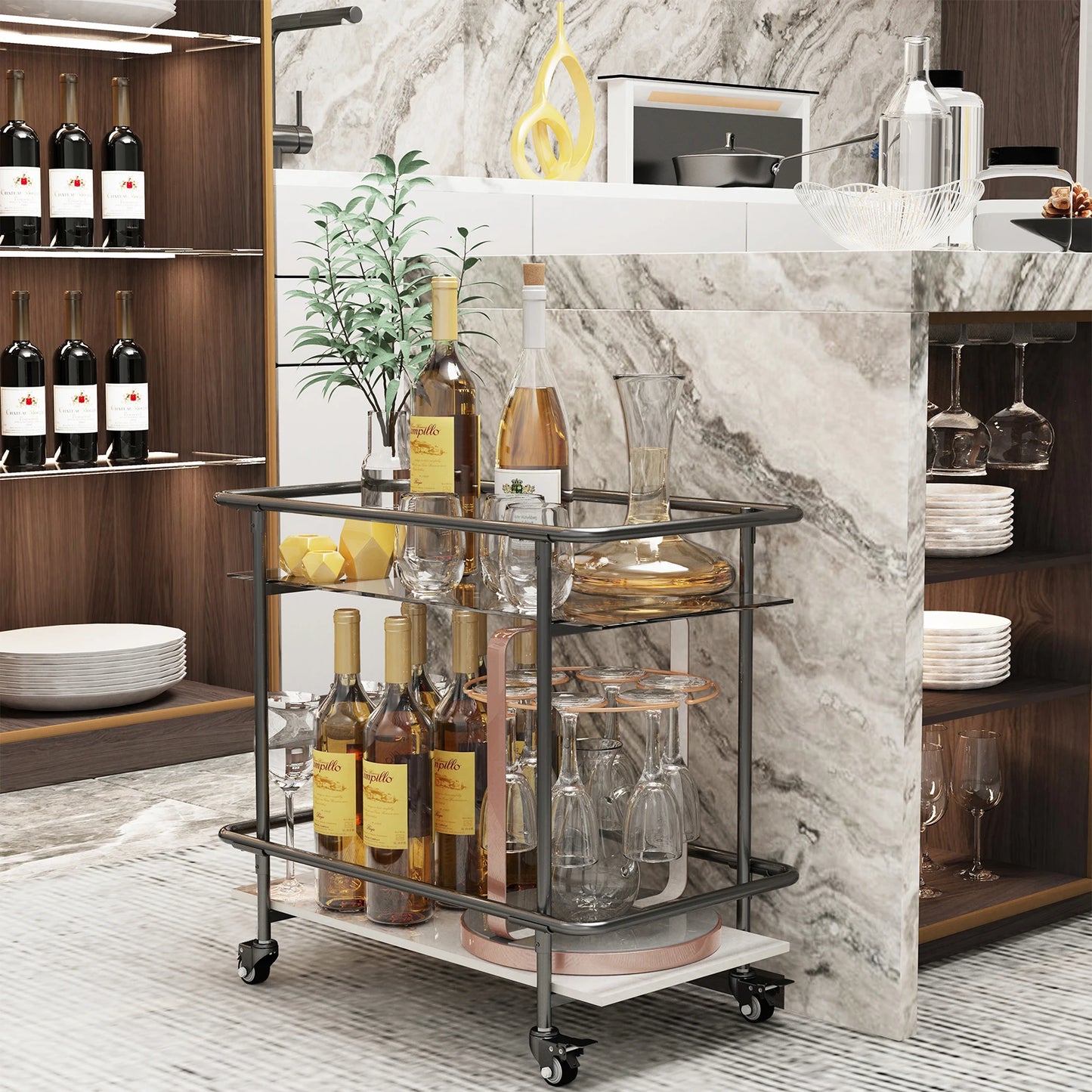 Luxury Modern Rolling Bar Cart 2-Tier Serving Cart with Lockable Wheels