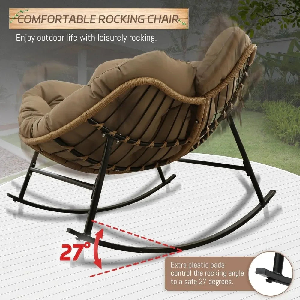 Outdoor Papasan Rocking Chair with Padded Cushion PE Rattan Lounge