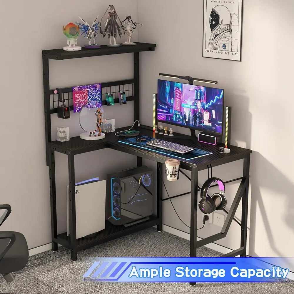 42 Inch L Shaped Gaming Desk with Power Outlets LED Lights Cup Holder