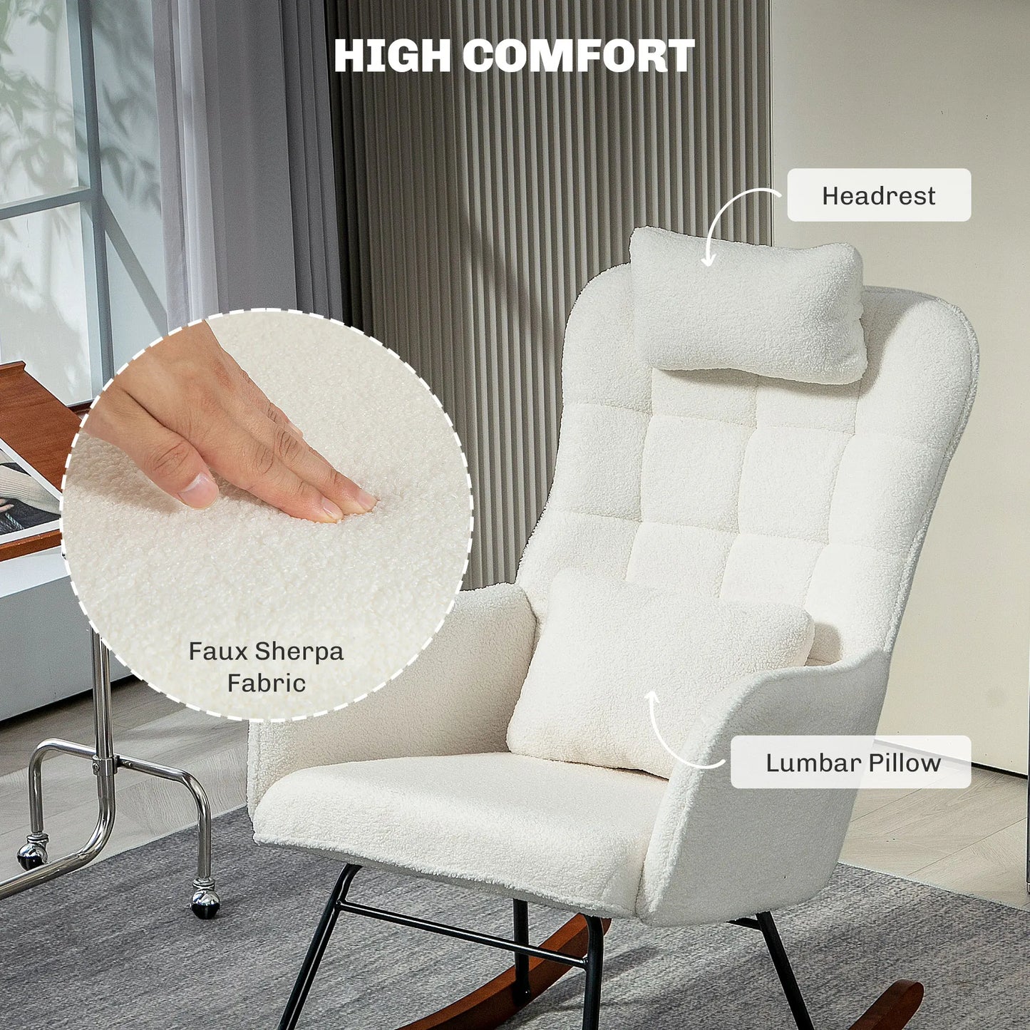Modern Boucle Rocking Chair with Headrest and Lumbar Pillow