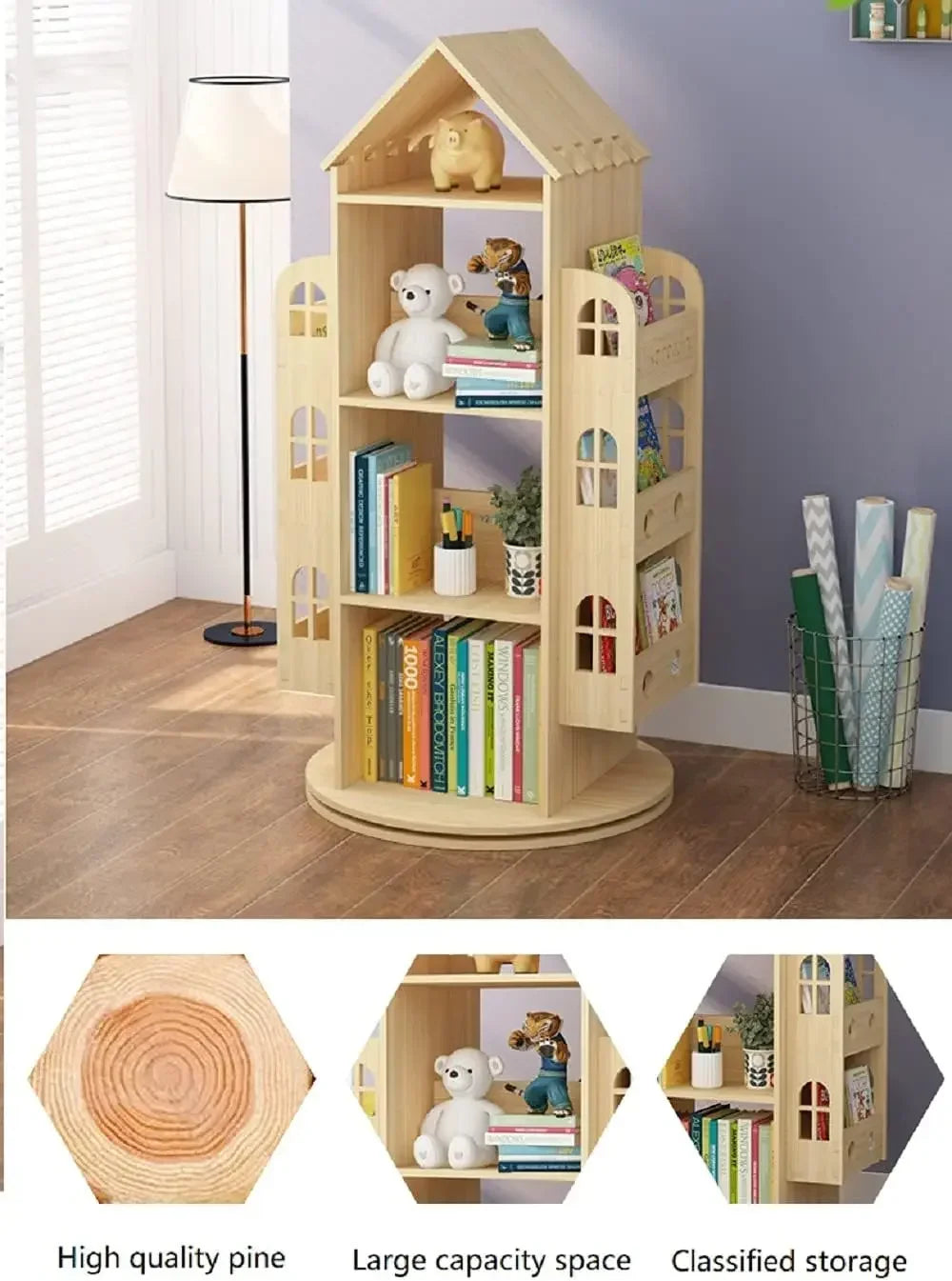 Rotating Bookshelf 360 Display Wooden Bookcase Storage Rack Kids Organizer