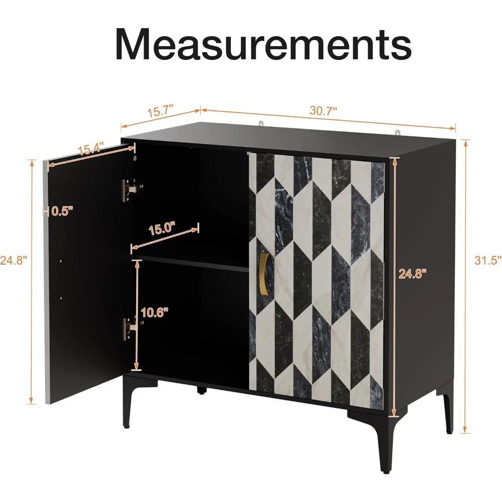 Black Sideboard Buffet Storage Cabinet with Faux Marble Doors 2 Packs