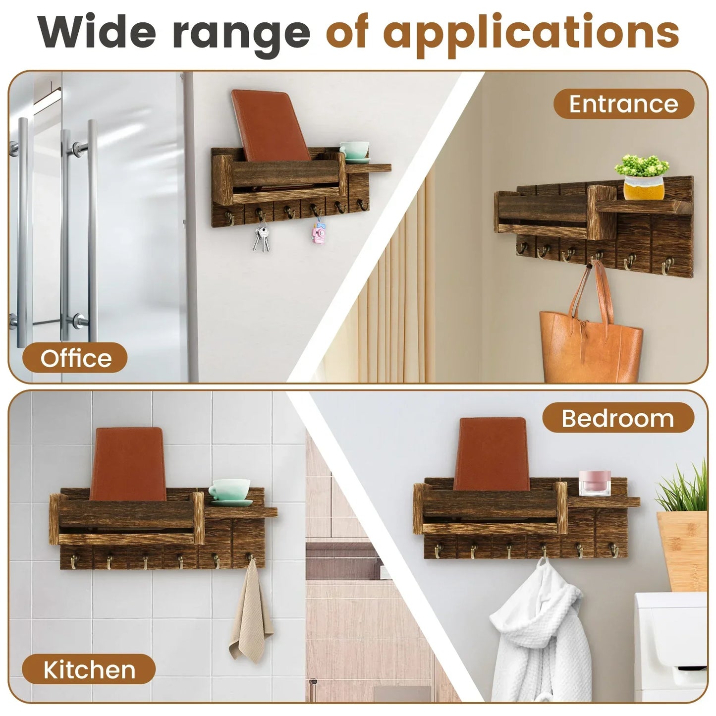 Wall Mounted Mail Organizer Key Holder with Shelf Hooks for Entryway