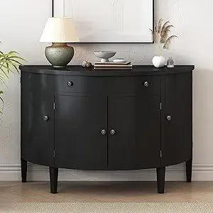 Curved Storage Cabinet 4 Doors 1 Drawer Wooden Sideboard Buffet Organizer