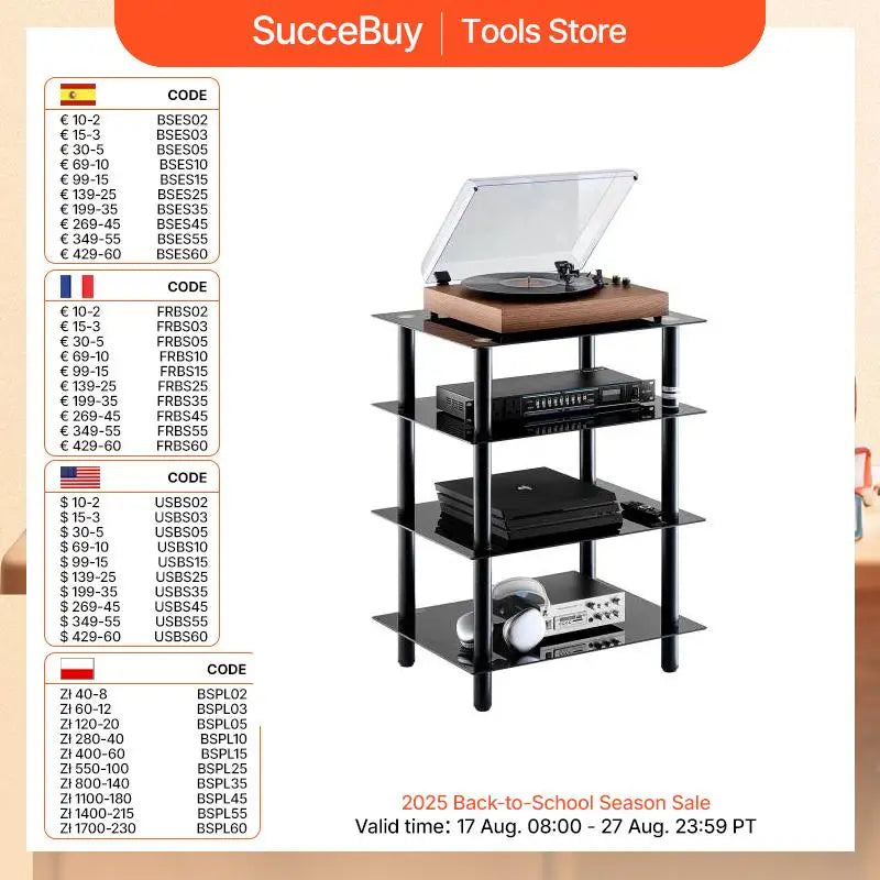 Ljustra 4-Tier AV Media Stand Adjustable Tempered Glass DVD Storage