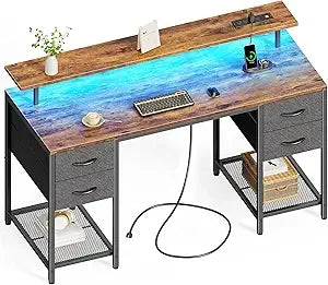 55 Inch Computer Desk with Drawers LED Lights Power Outlets Gaming Desk