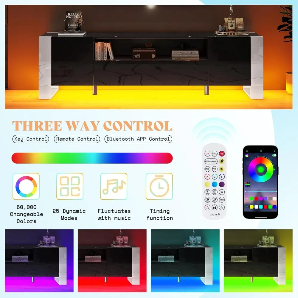 Modern 70 Inch TV Stand with LED Lights High Gloss Entertainment Center