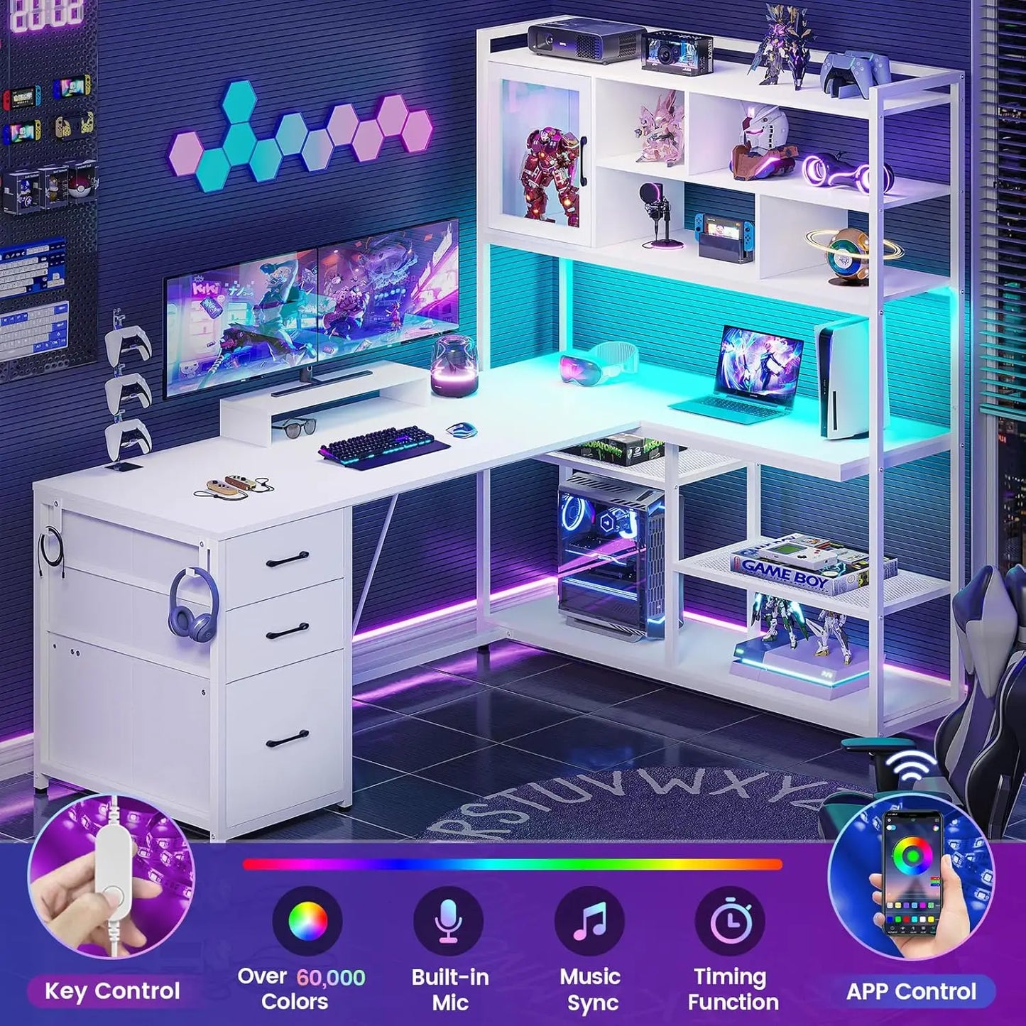 L Shaped Computer Desk with Drawers Bookshelf Gaming Office Desk 58 Inch