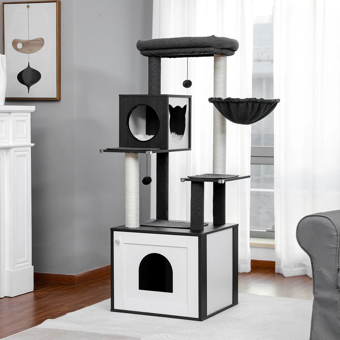 Multi-Level Cat Tree Indoor Wood Tower with Hammock Scratching Posts