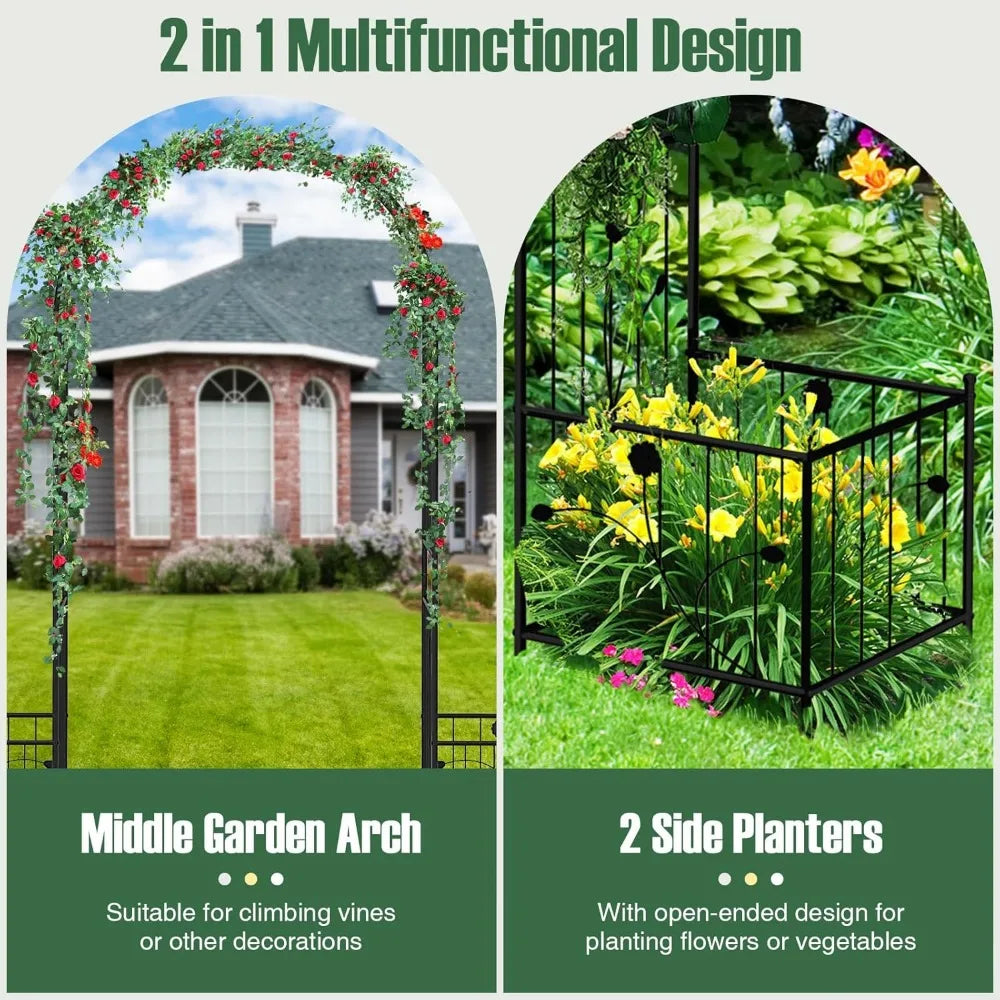 Garden Arbor Metal Archway Pergola with Side Planters and Ground Stakes