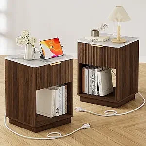 Walnut Fluted Nightstand Set of 2 Bedside Table with Charging Station