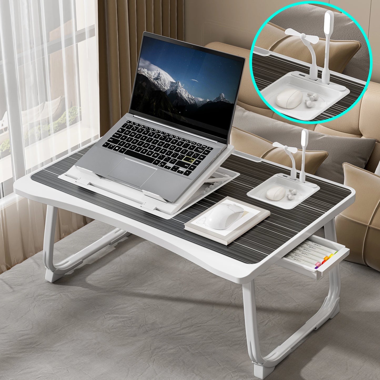 Foldable Portable Adjustable Height Laptop Bed Desk with Storage